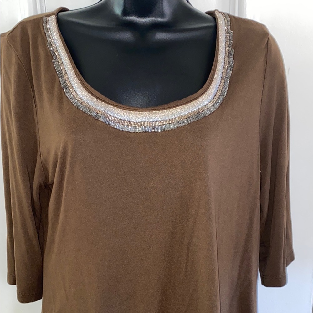 Charter Club Brown Embellished 3/4 Sleeve Blouse